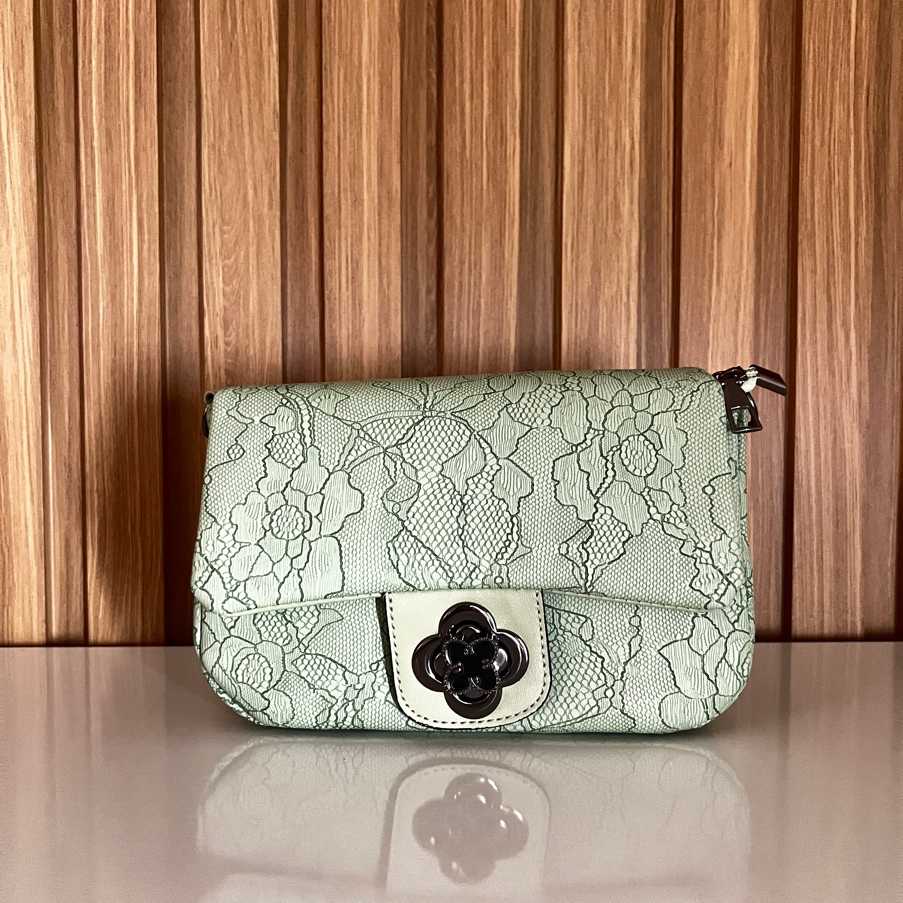 Mint sage green floral embossed crossbody bag front view – Meraki by Emaan Pakistan