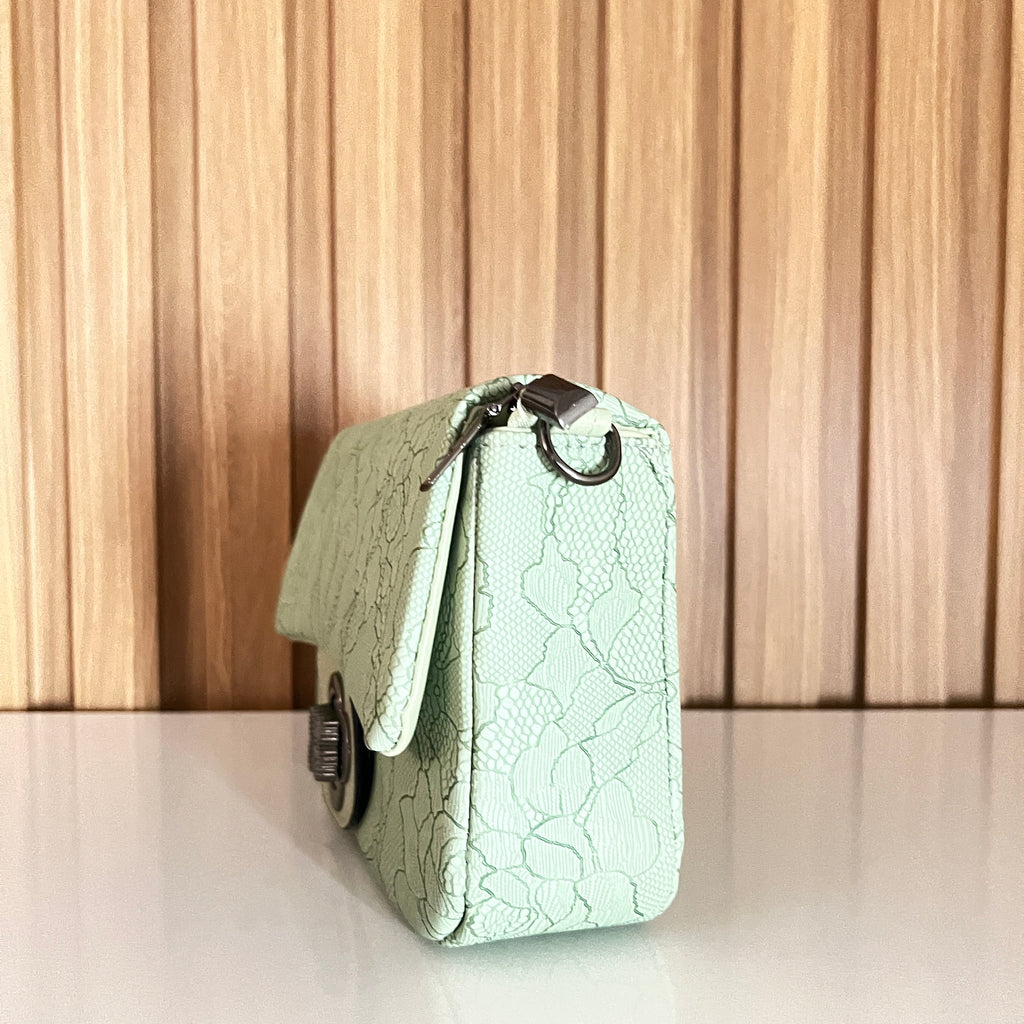 Mint sage green floral embossed crossbody bag side view – Meraki by Emaan Pakistan