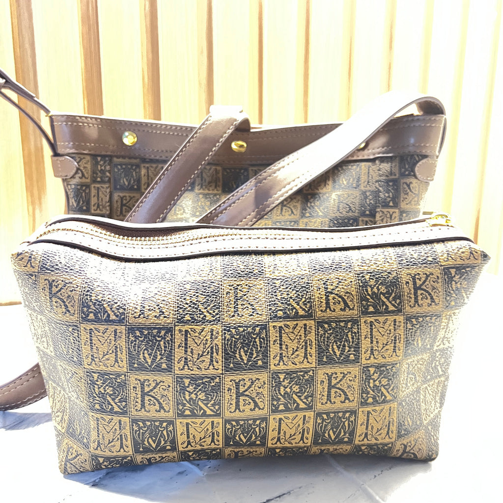Monogram Print 2-Piece Shoulder Bag Set – Matching Tote & Pouch with pouch by Meraki by Emaan Pakistan