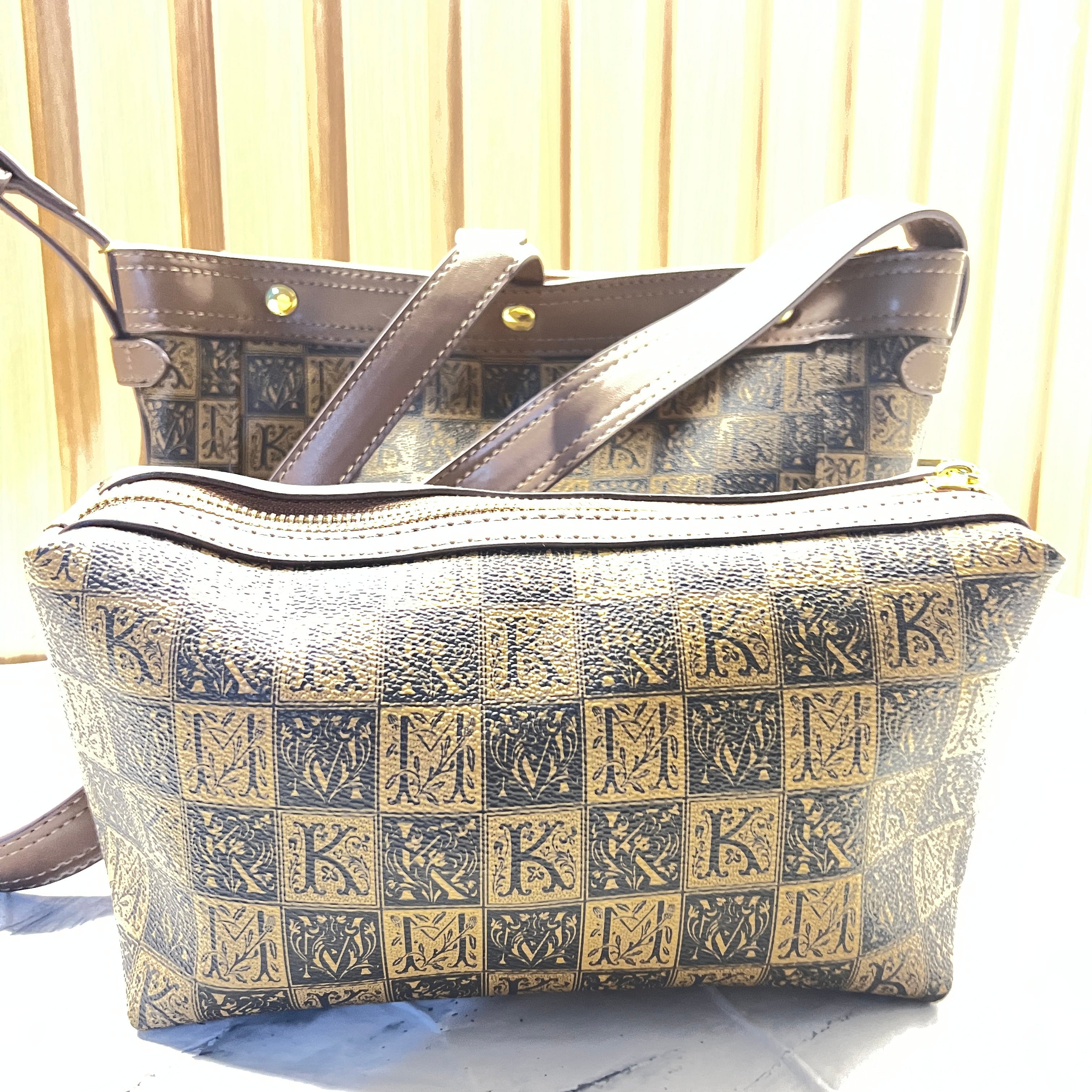 Monogram Print 2-Piece Shoulder Bag Set – Matching Tote & Pouch with pouch by Meraki by Emaan Pakistan