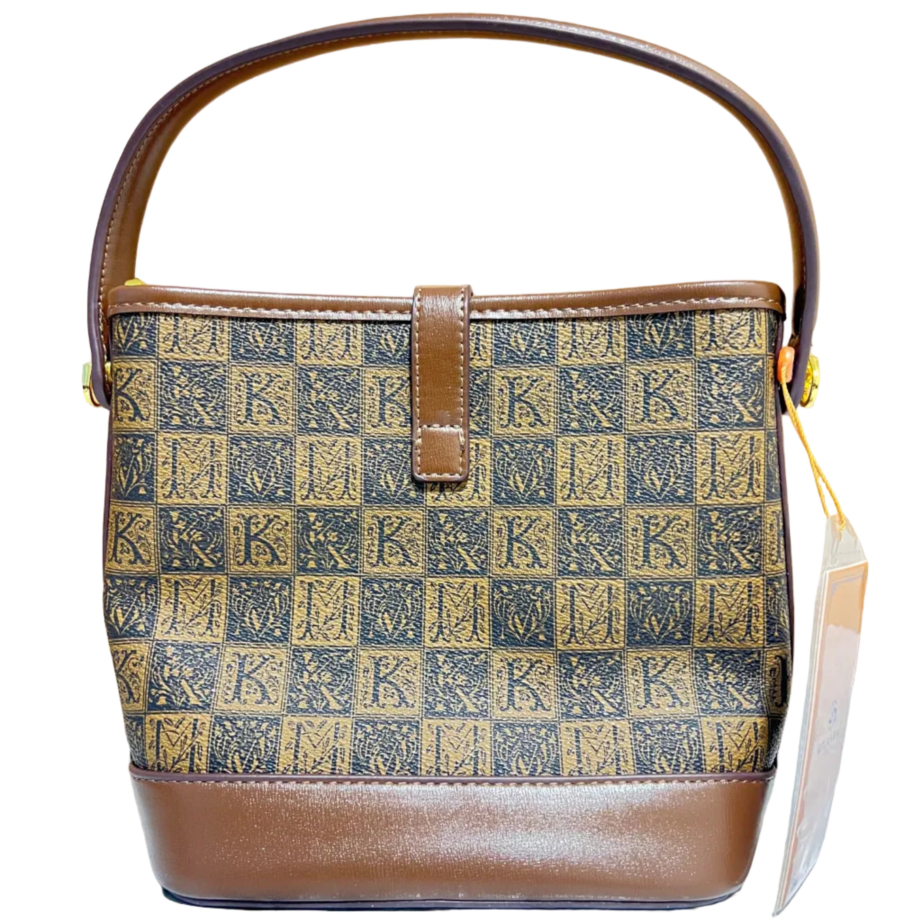 Monogram Print Bucket Bag – Brown Top Handle & Crossbody Bag - Back side by Meraki by Emaan Pakistan