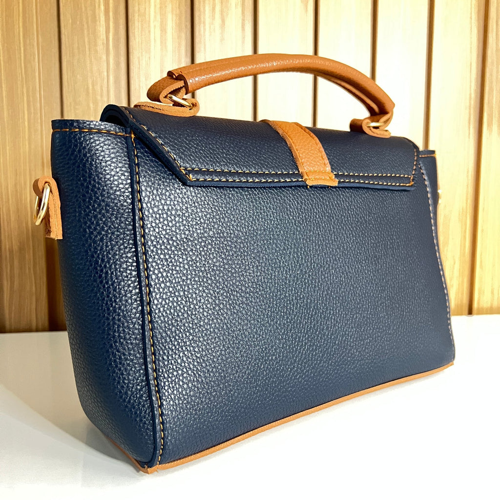 Navy Blue & Tan Satchel Handbag for Women – Back View - Top Handle Crossbody Bag with Detachable Strap