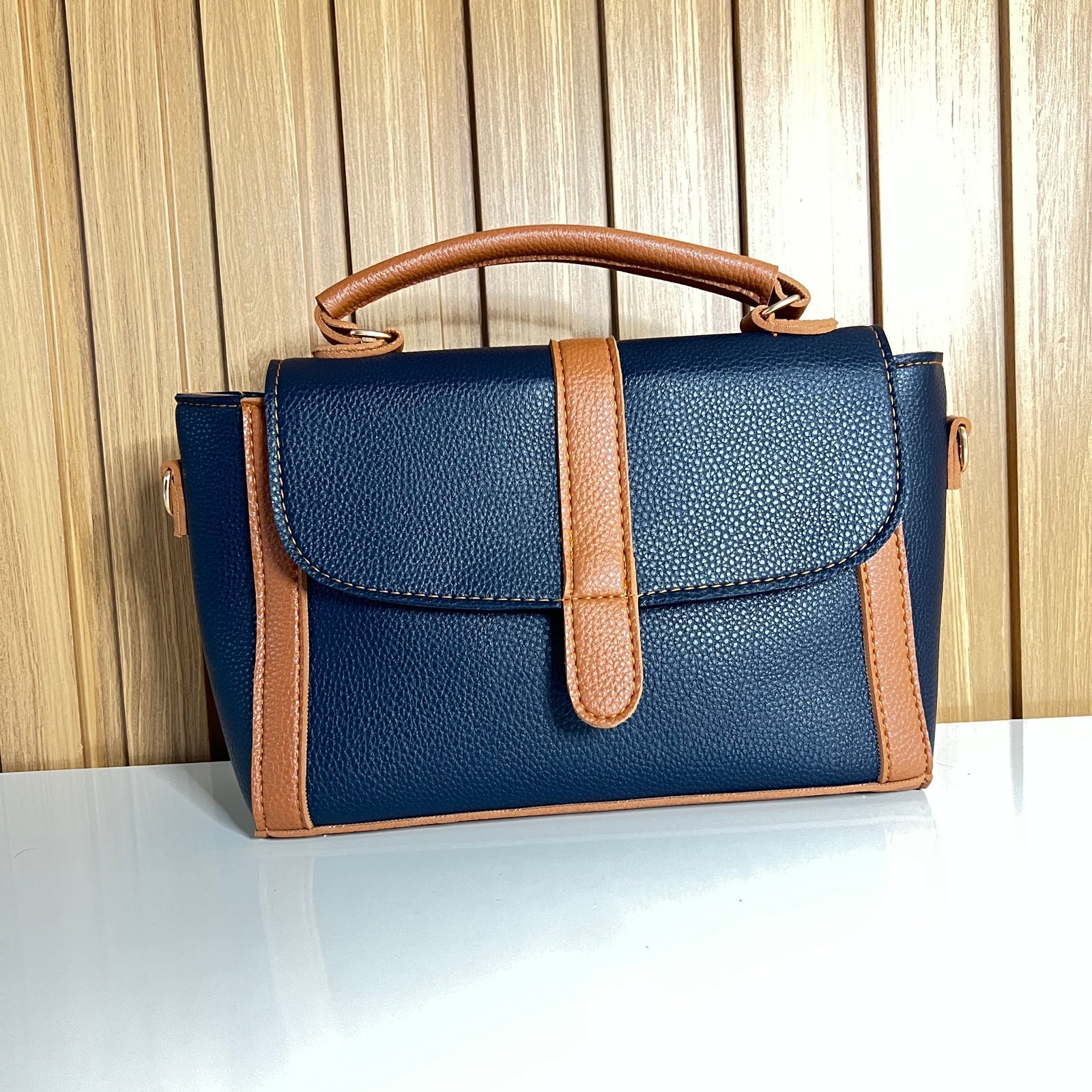 Navy Blue & Tan Satchel Handbag for Women – Front View - Top Handle Crossbody Bag with Detachable Strap