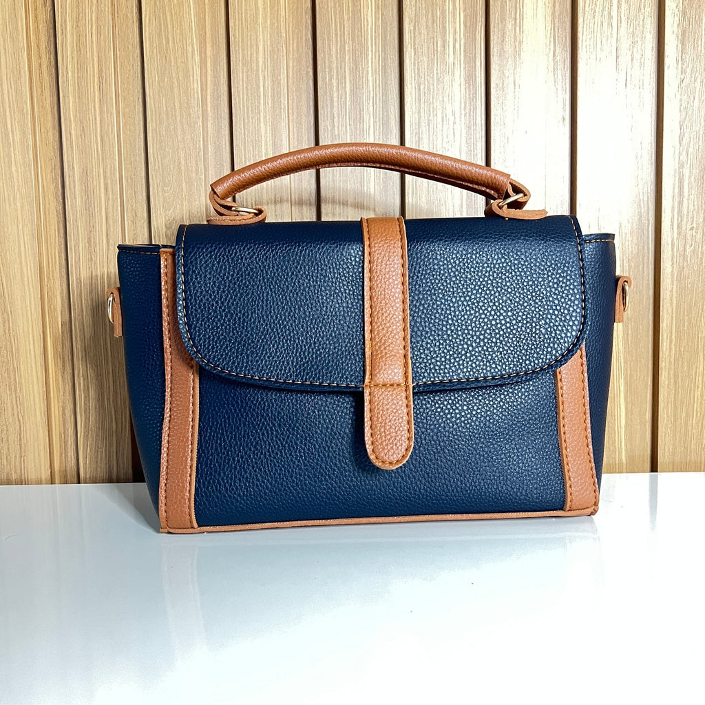 Navy Blue & Tan Satchel Handbag for Women – Front View 2 - Top Handle Crossbody Bag with Detachable Strap