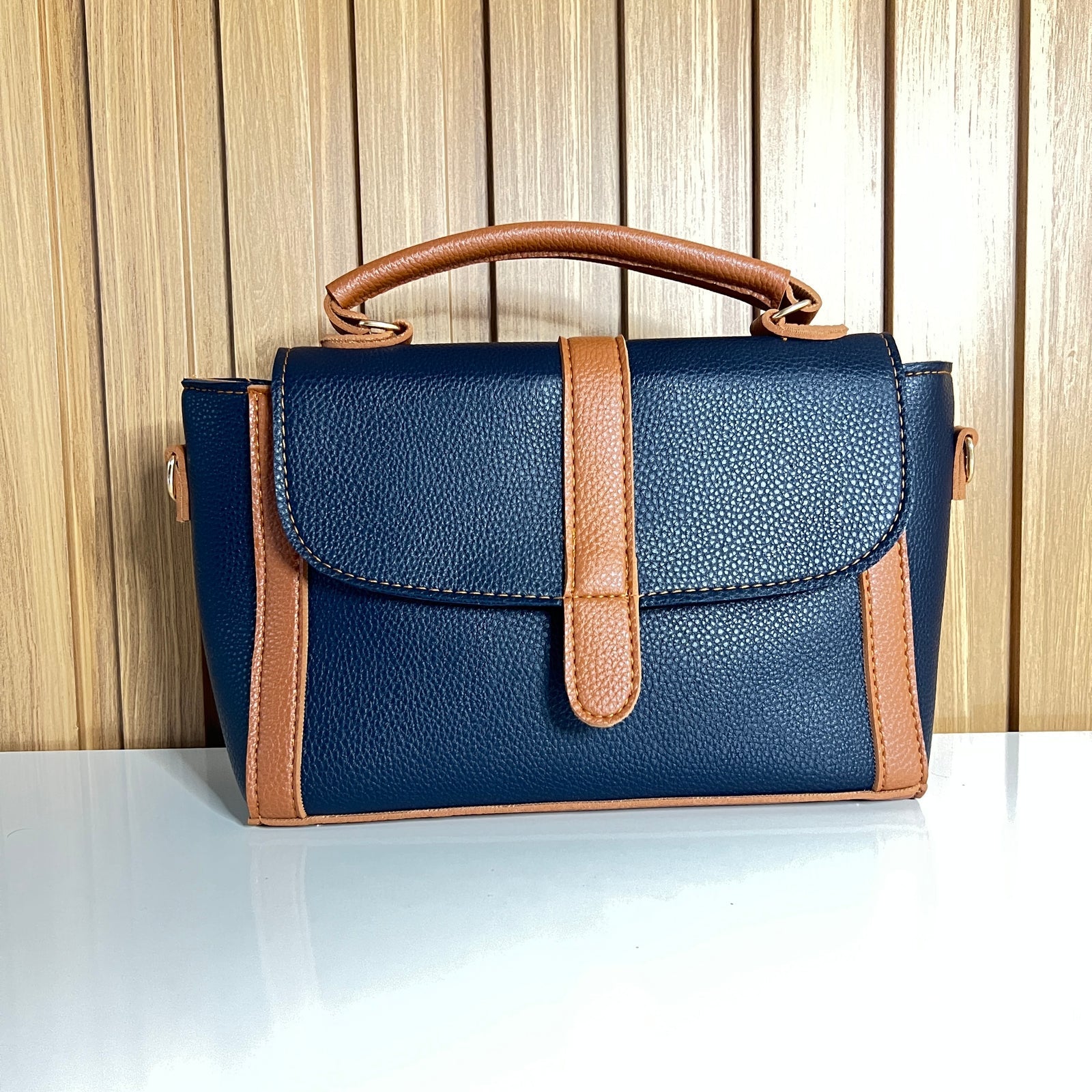 Navy Blue & Tan Satchel Handbag for Women – Front View 2 - Top Handle Crossbody Bag with Detachable Strap
