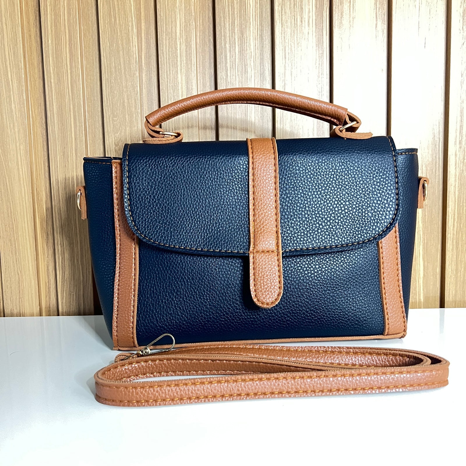 Navy Blue & Tan Satchel Handbag for Women – Front View With Strap - Top Handle Crossbody Bag with Detachable Strap