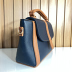 Navy Blue & Tan Satchel Handbag for Women – Side View - Top Handle Crossbody Bag with Detachable Strap