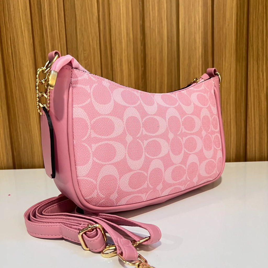 Pink Signature Shoulder Bag with Detachable Crossbody Strap - Back View