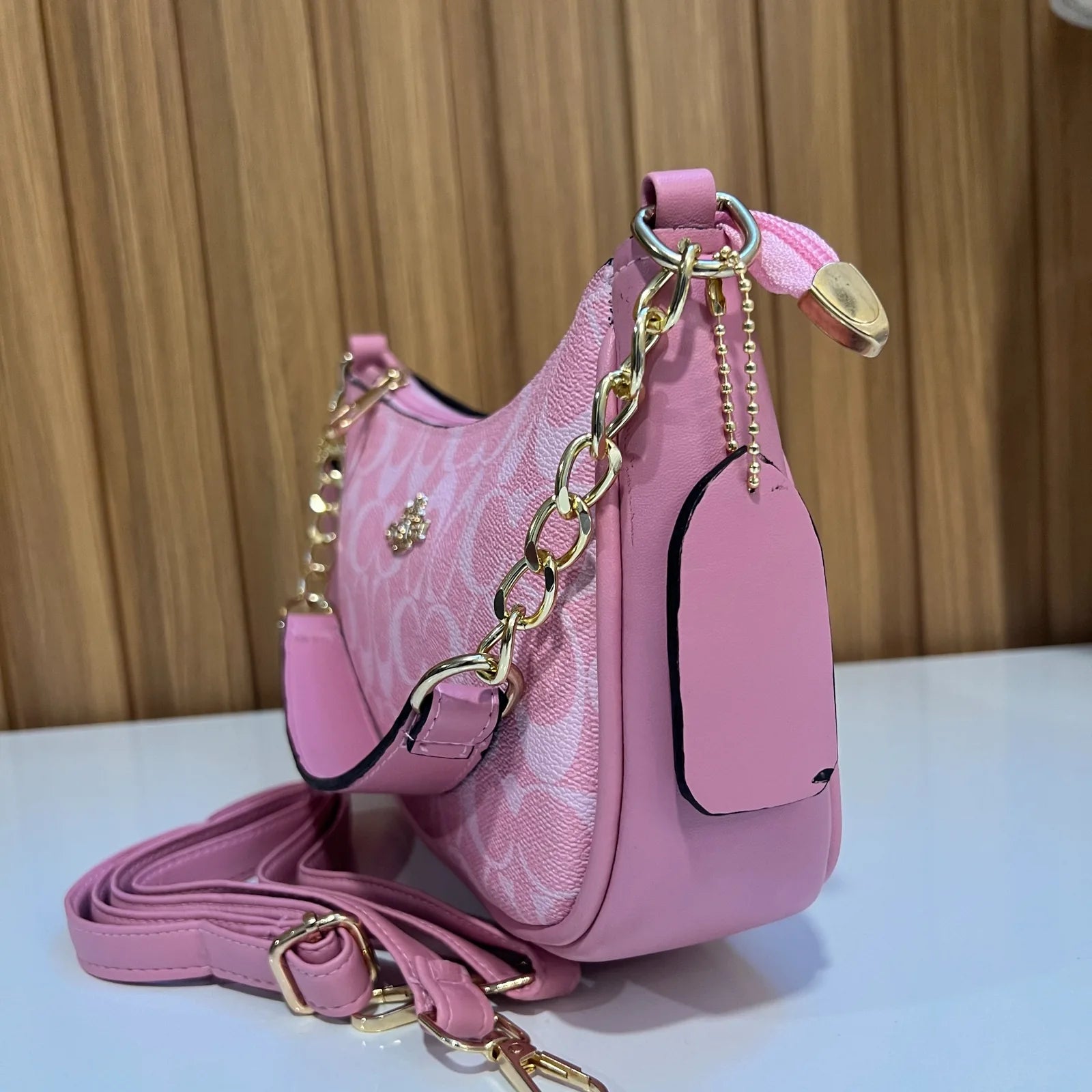 Pink Signature Shoulder Bag with Detachable Crossbody Strap - Side View