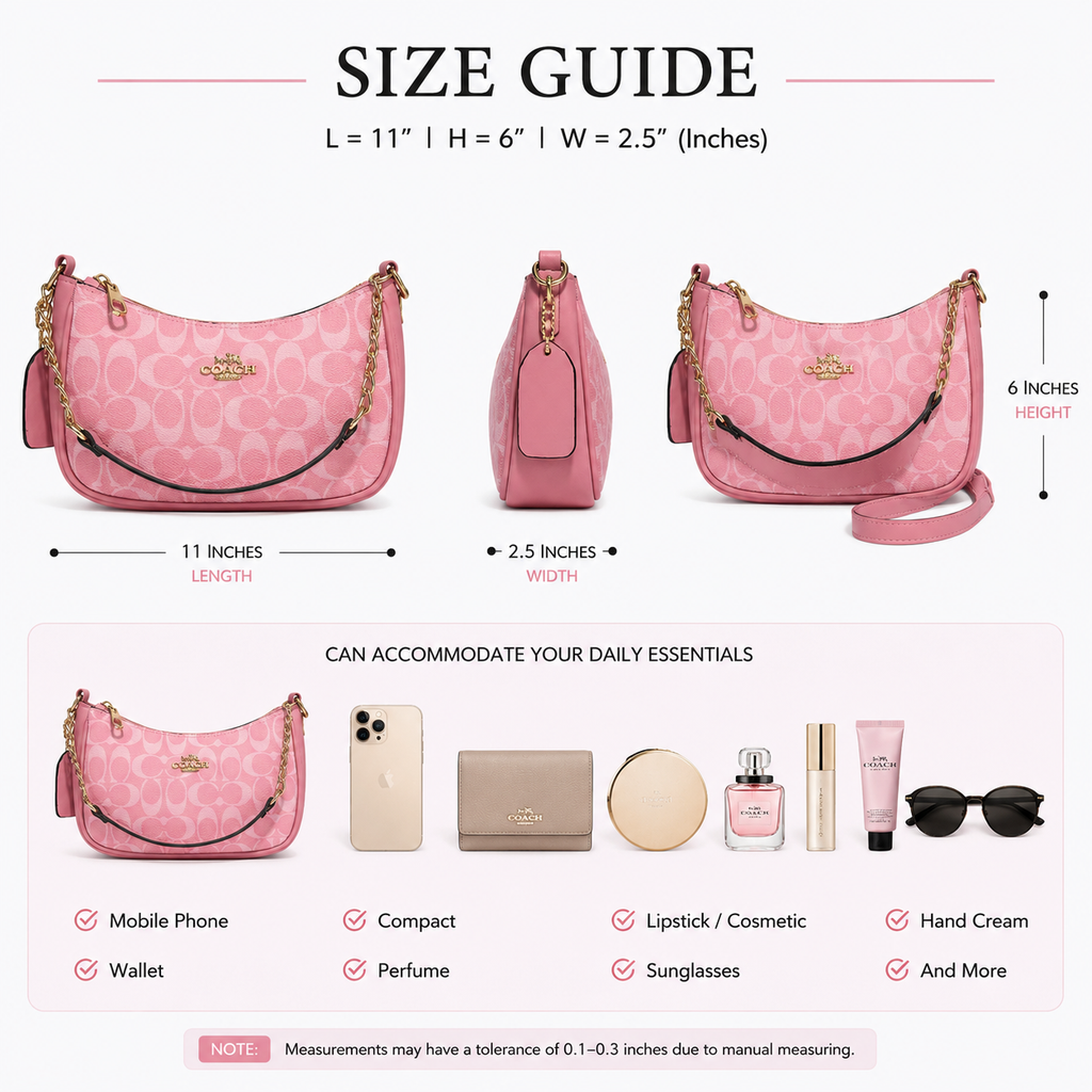Pink Signature Shoulder Bag with Detachable Crossbody Strap - Size Guide
