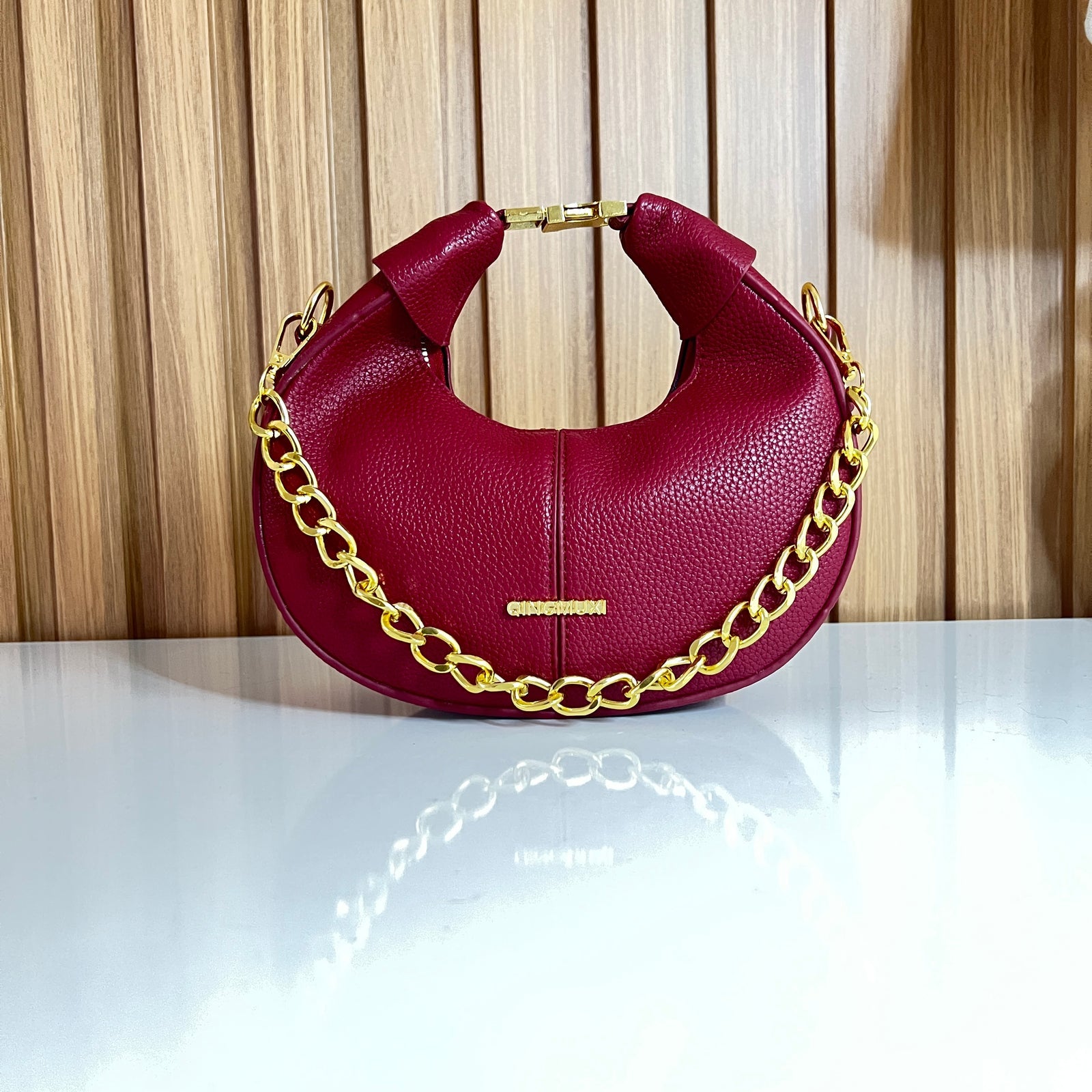 Red Pebbled Leather Crescent Hobo Bag with Gold Chain Strap  - Front View