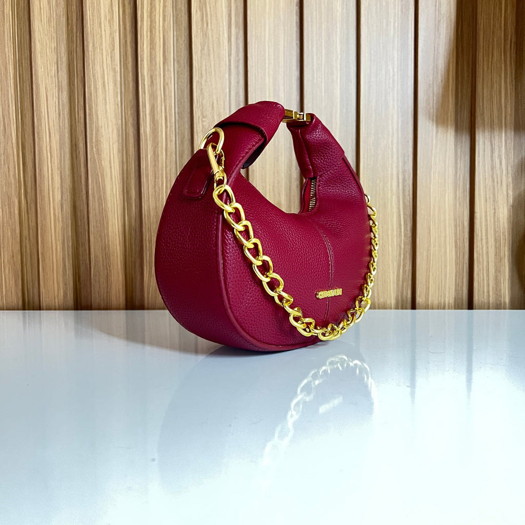 Red Pebbled Leather Crescent Hobo Bag with Gold Chain Strap  - Side View