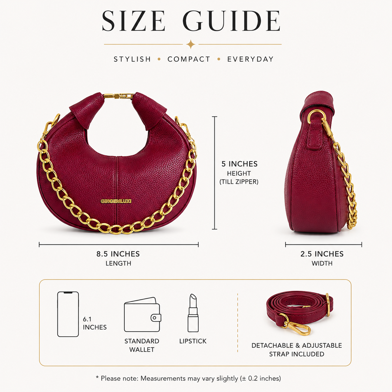 Red Pebbled Leather Crescent Hobo Bag with Gold Chain Strap  - Size Guide