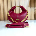 Red Pebbled Leather Crescent Hobo Bag with Gold Chain Strap with long Strap - Front View