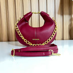 Red Pebbled Leather Crescent Hobo Bag with Gold Chain Strap with long Strap - Front View