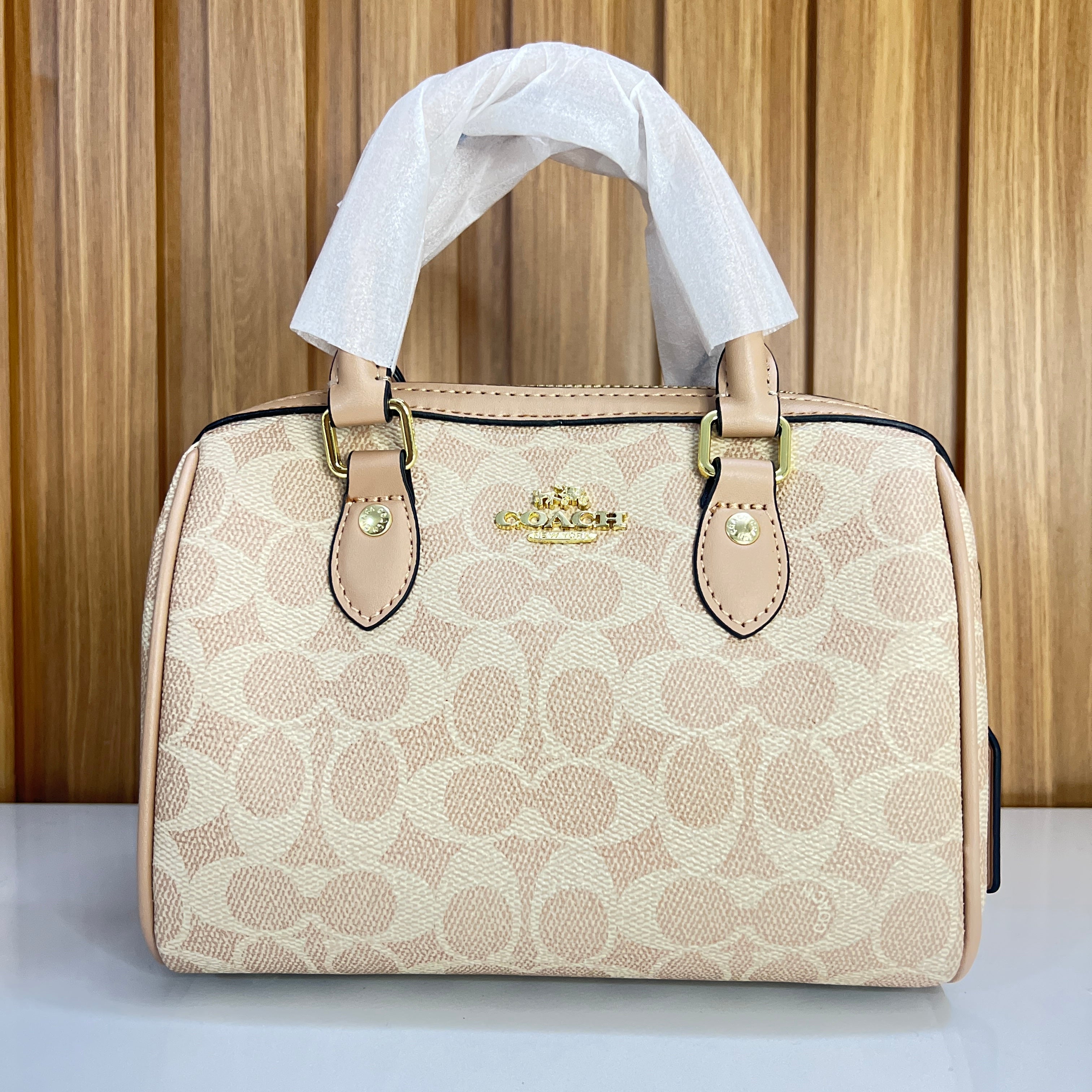 Signature Monogram Mini Barrel Bag – Sand & Blush Top Handle & Crossbody Bag by Meraki by Emaan Pakistan - Front View