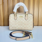 Signature Monogram Mini Barrel Bag – Sand & Blush Top Handle & Crossbody Bag by Meraki by Emaan Pakistan - Front View with Strap