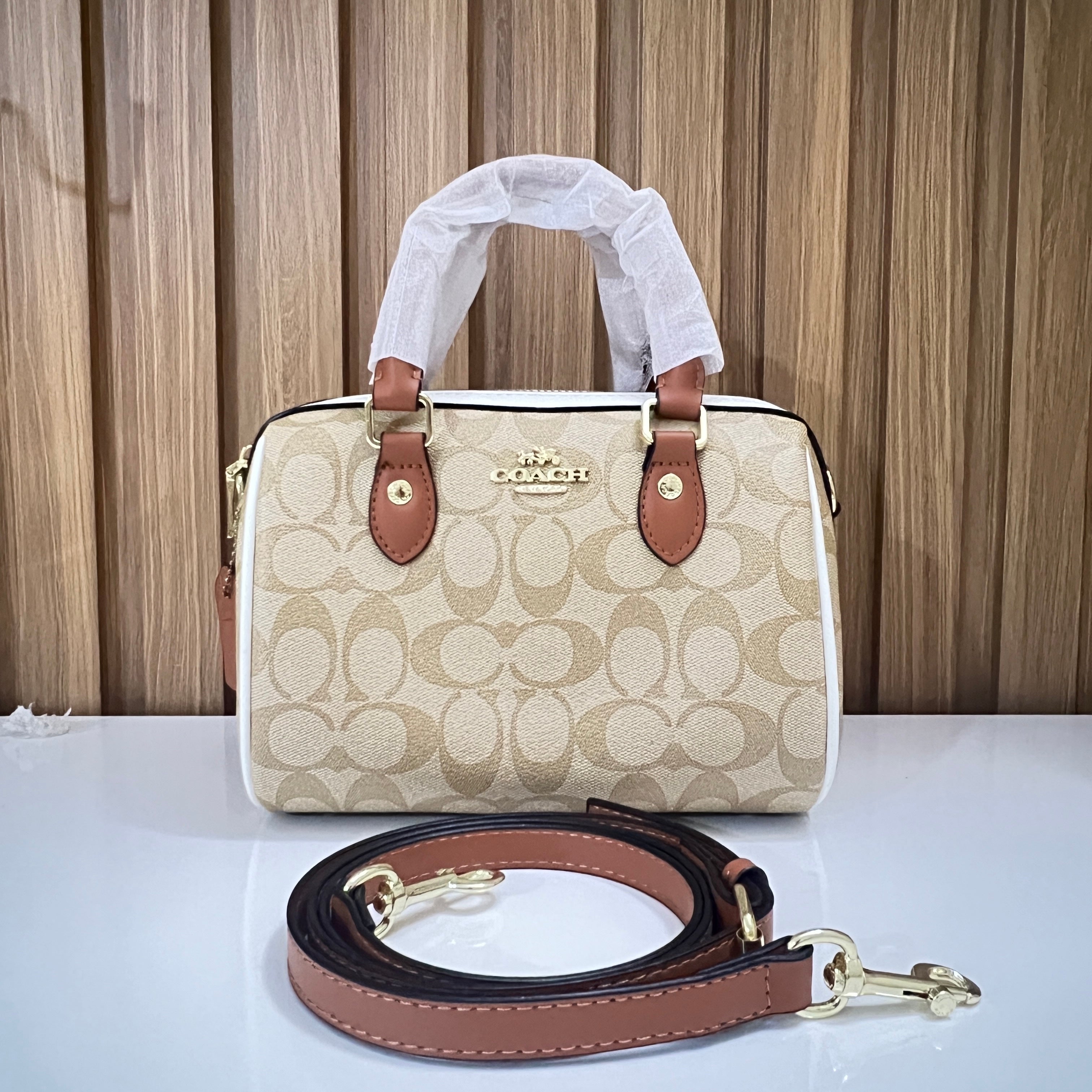 Signature Monogram Mini Barrel Bag – Top Handle & Crossbody Handbag by Meraki by Emaan Pakistan - Front View with strap