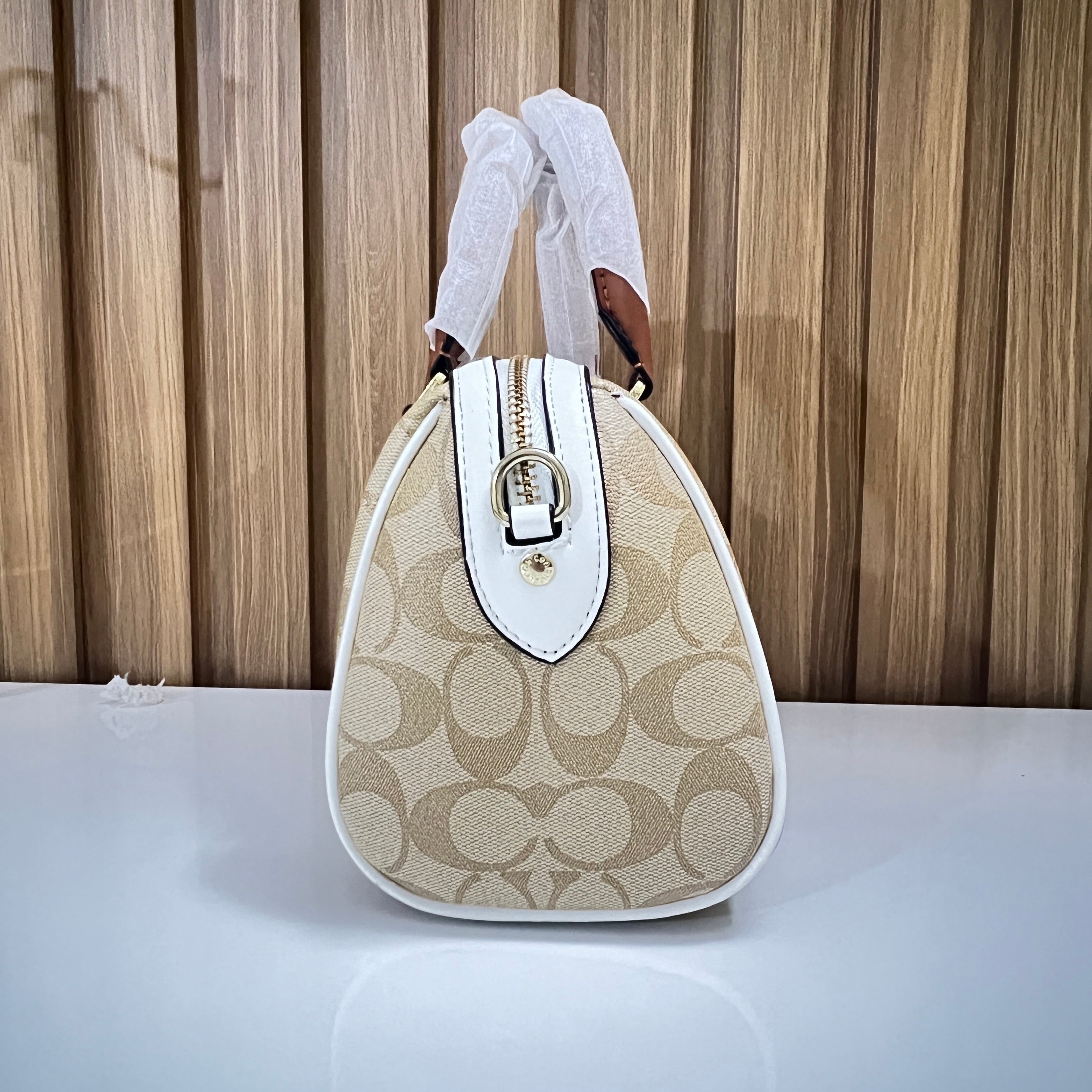 Signature Monogram Mini Barrel Bag – Top Handle & Crossbody Handbag by Meraki by Emaan Pakistan - Side View