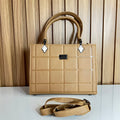 Tan Quilted Tote Handbag for Women –  Front View with Strap - Structured Top Handle Bag with Detachable Crossbody Strap