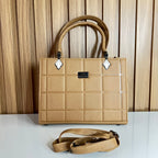Tan Quilted Tote Handbag for Women –  Front View with Strap - Structured Top Handle Bag with Detachable Crossbody Strap
