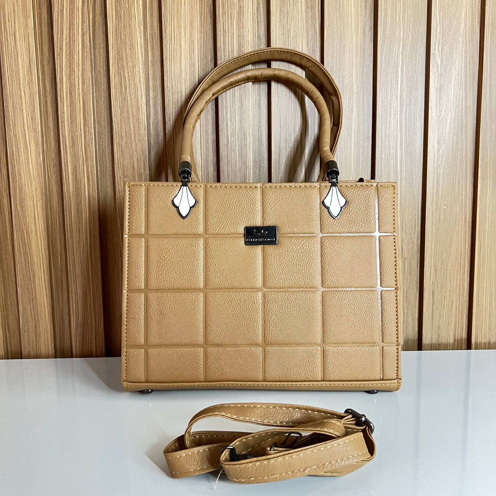 Tan Quilted Tote Handbag for Women –  Front View with Strap - Structured Top Handle Bag with Detachable Crossbody Strap