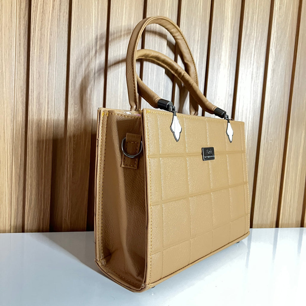 Tan Quilted Tote Handbag for Women –  Side View - Structured Top Handle Bag with Detachable Crossbody Strap
