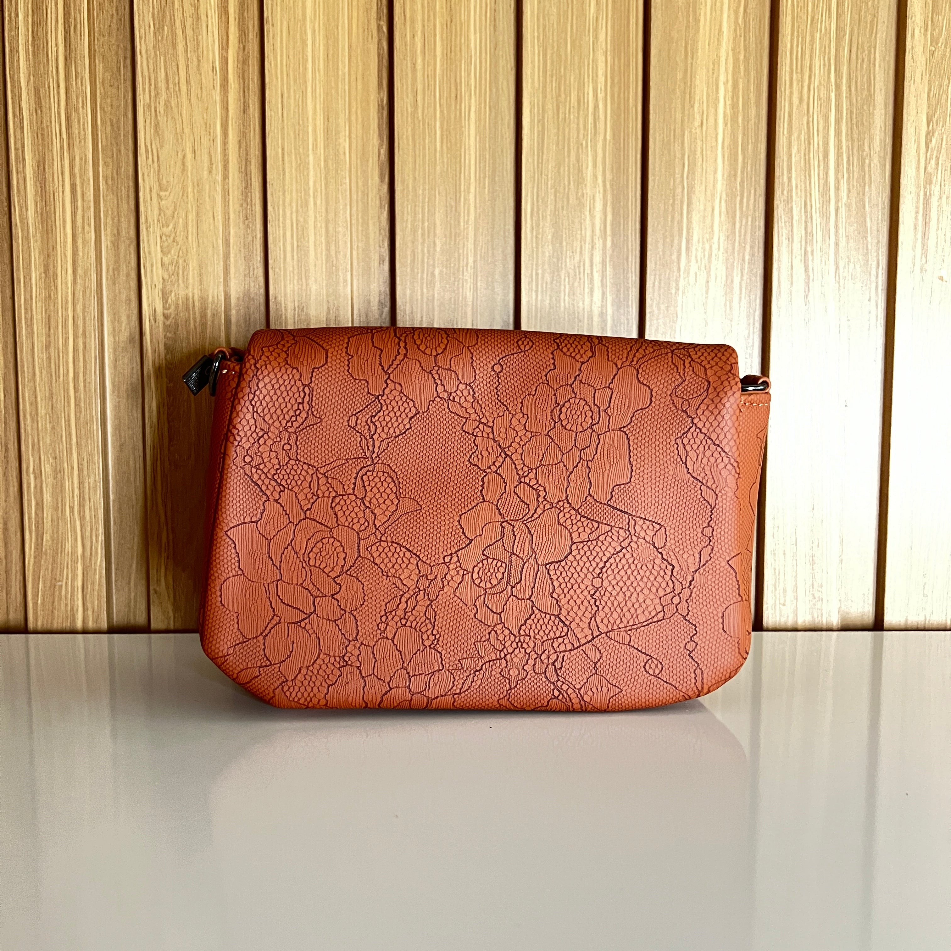 Tan floral lace-embossed crossbody bag back view – Meraki by Emaan Pakistan