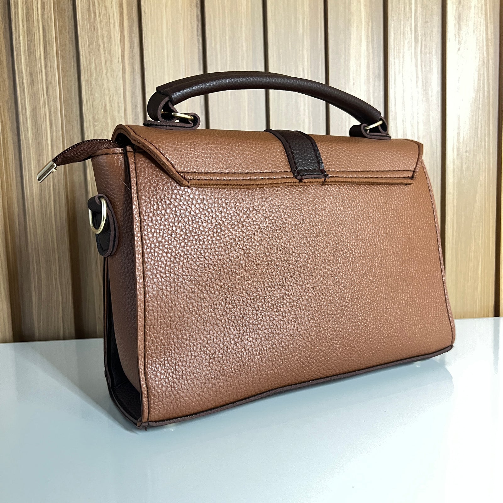 Two-Tone Brown Satchel Handbag for Women - Back View – Top Handle Bag with Detachable Crossbody Strap