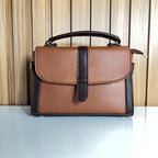 Two-Tone Brown Satchel Handbag for Women - Front View – Top Handle Bag with Detachable Crossbody Strap