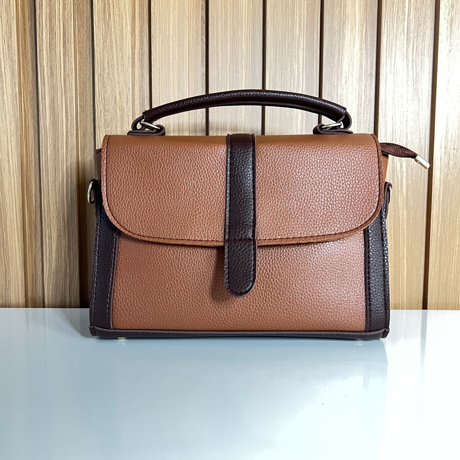 Two-Tone Brown Satchel Handbag for Women - Front View – Top Handle Bag with Detachable Crossbody Strap