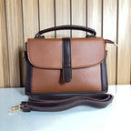 Two-Tone Brown Satchel Handbag for Women - Front View with Strap – Top Handle Bag with Detachable Crossbody Strap