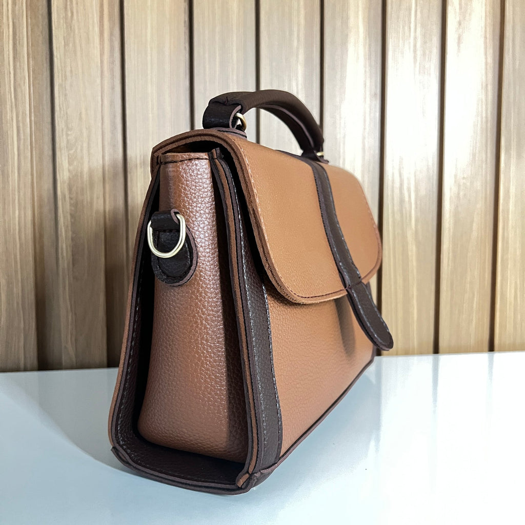 Two-Tone Brown Satchel Handbag for Women - Side View – Top Handle Bag with Detachable Crossbody Strap