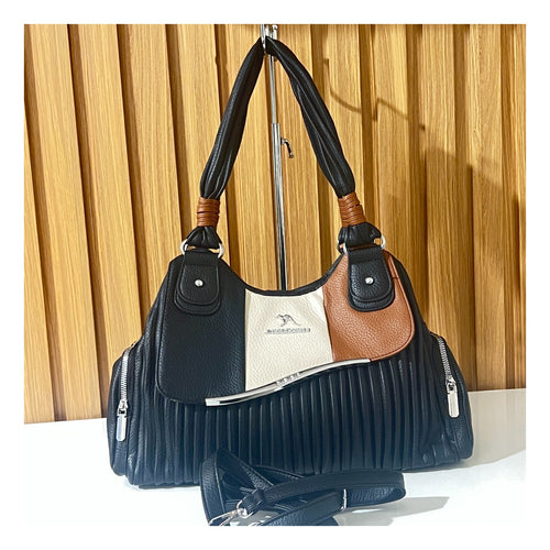 Black brown and cream pleated handbag for women front view