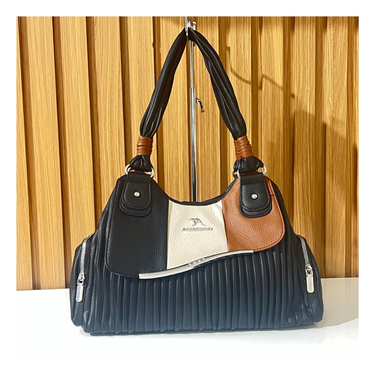 Black brown and cream pleated handbag for women front detail