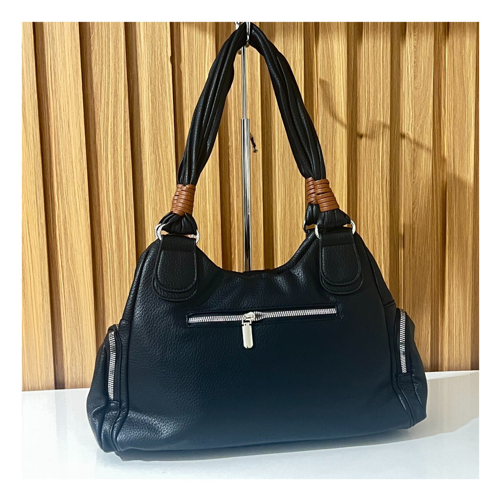 Black brown and cream pleated handbag for women back view