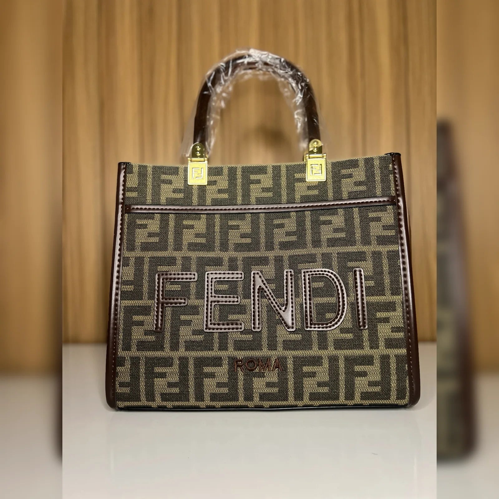 Brown structured tote bag for women with geometric pattern