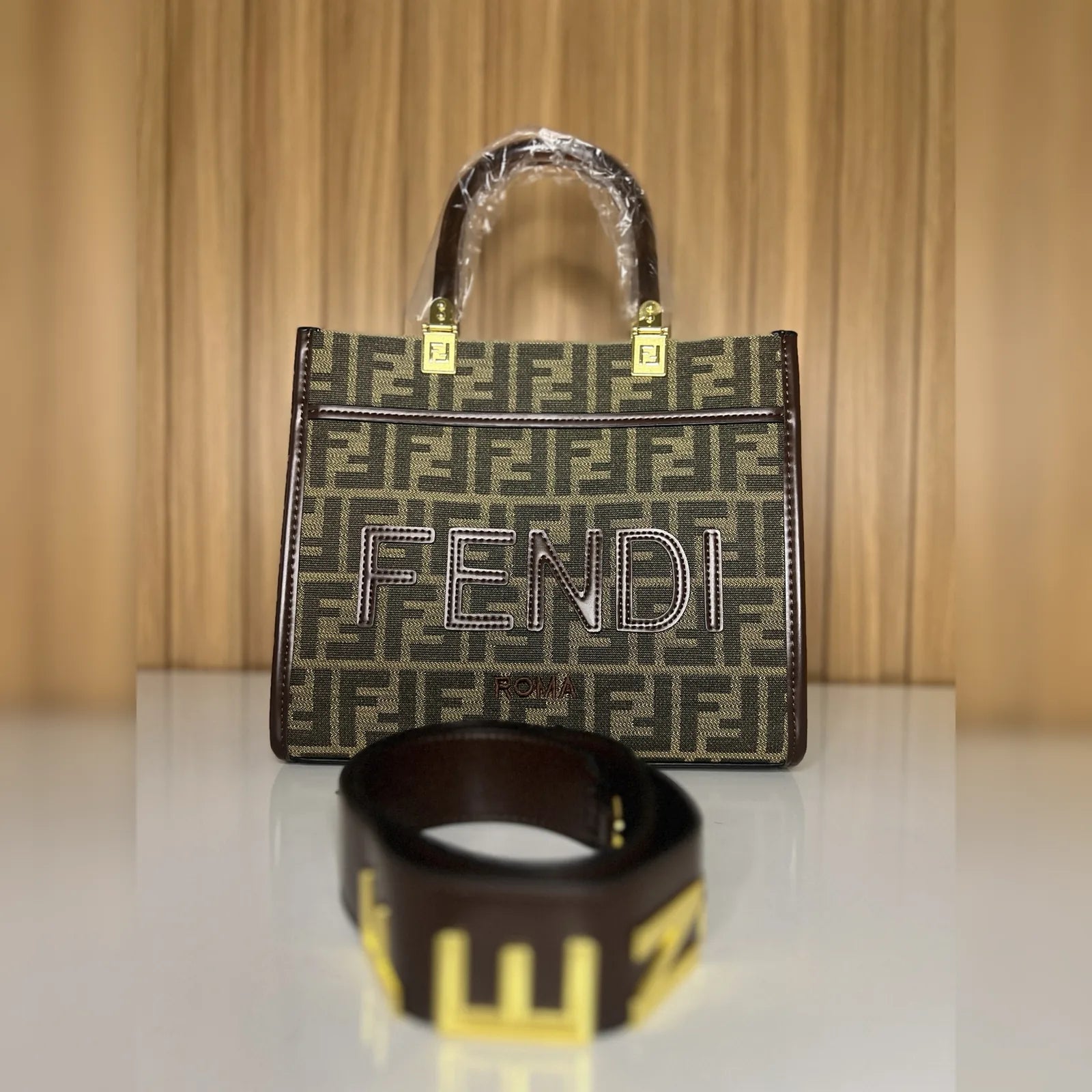 Front view of elegant brown women's tote handbag