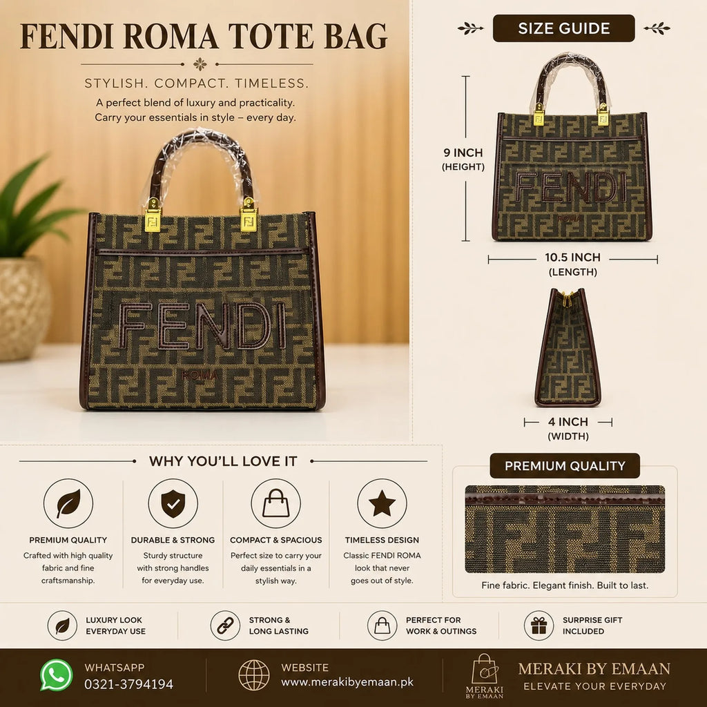 Detailed view of brown patterned fabric and tote bag finish size guide