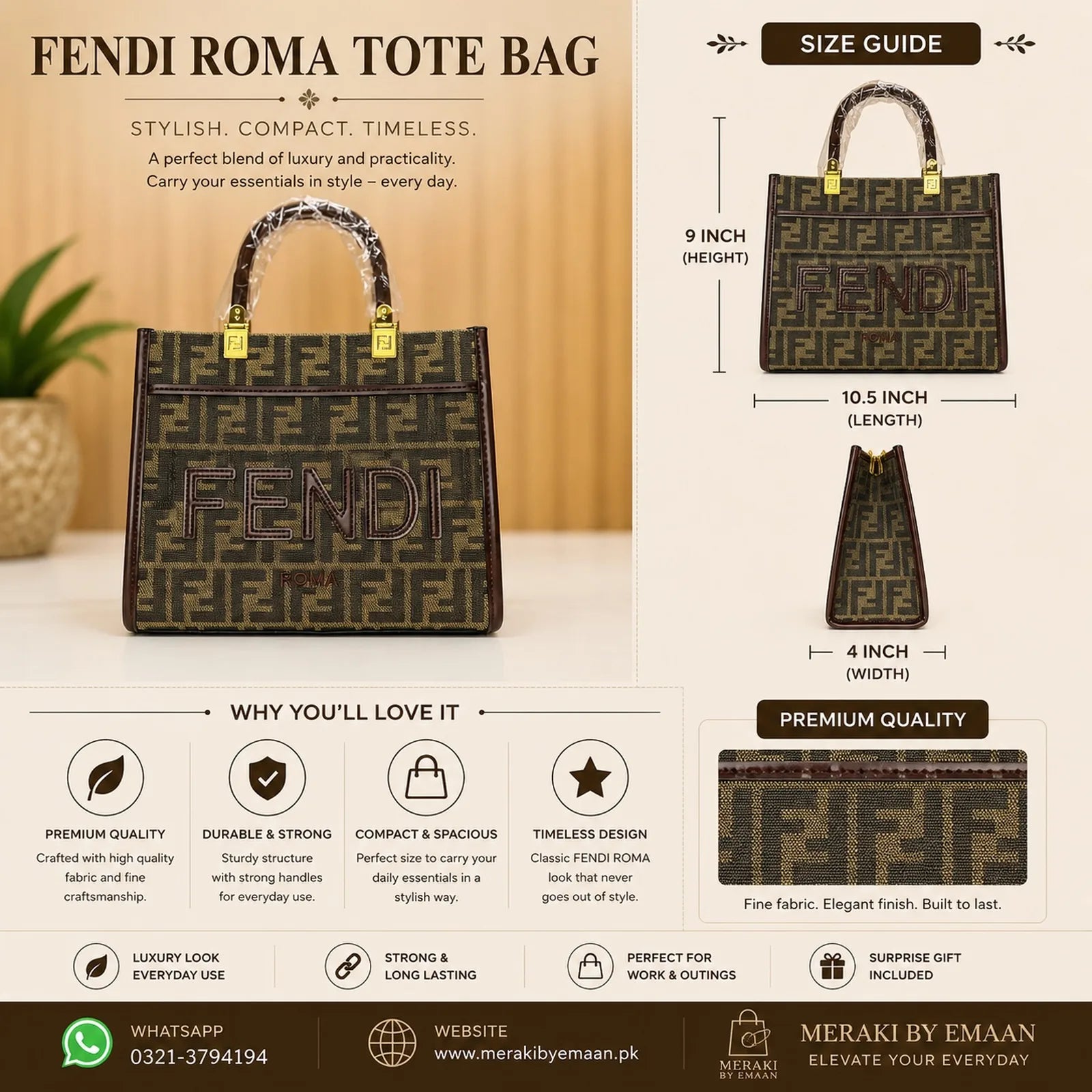 Detailed view of brown patterned fabric and tote bag finish size guide