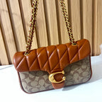 Cognac quilted chain shoulder bag for women angled front view