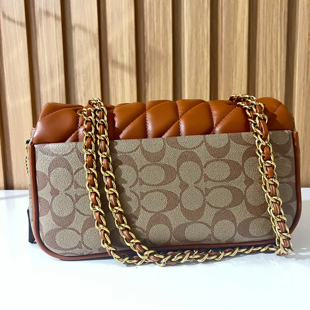 Cognac quilted chain shoulder bag for women back view with chain strap