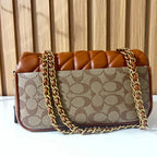 Cognac quilted chain shoulder bag for women back view with chain strap
