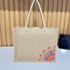 Natural Jute Tote Bag with Red Mandala Print