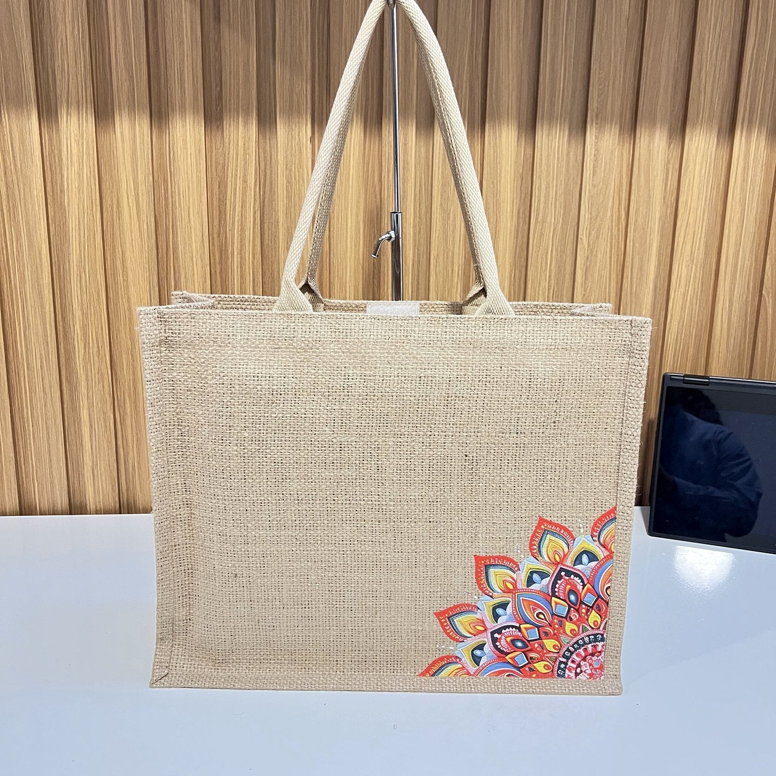 Natural Jute Tote Bag with Red Mandala Print