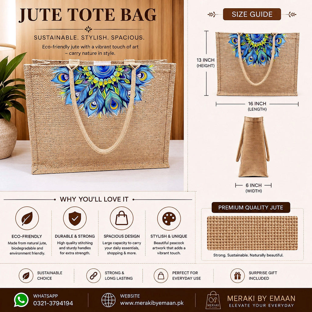 Natural Jute Tote Bag with Peacock Feather Mandala Print