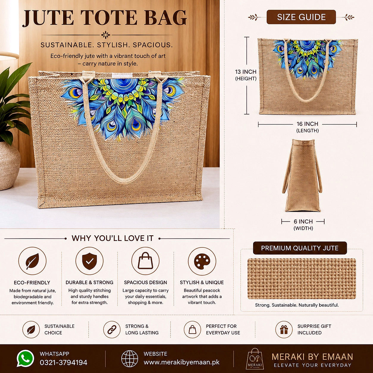 Natural Jute Tote Bag with Peacock Feather Mandala Print