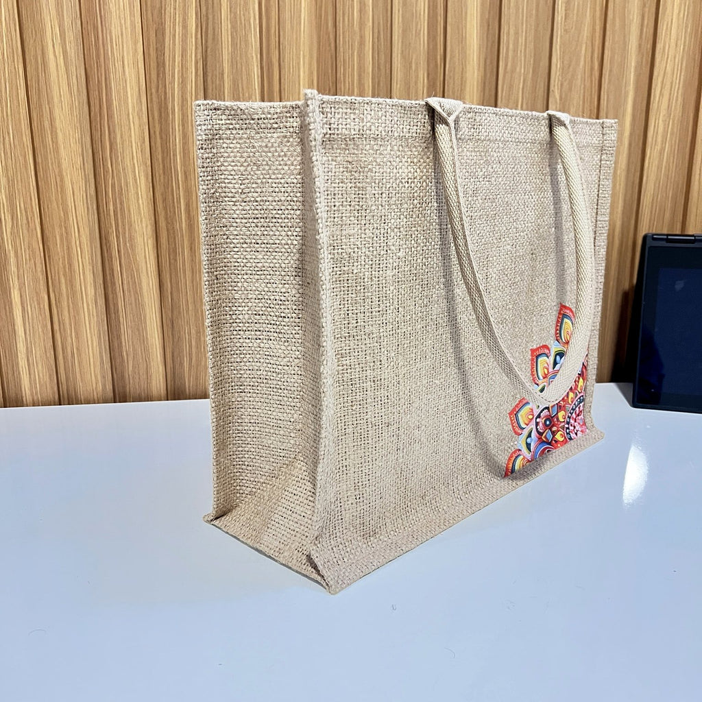Natural Jute Tote Bag with Red Mandala Print