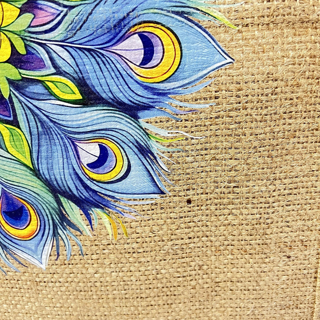 Natural Jute Tote Bag with Peacock Feather Mandala Print
