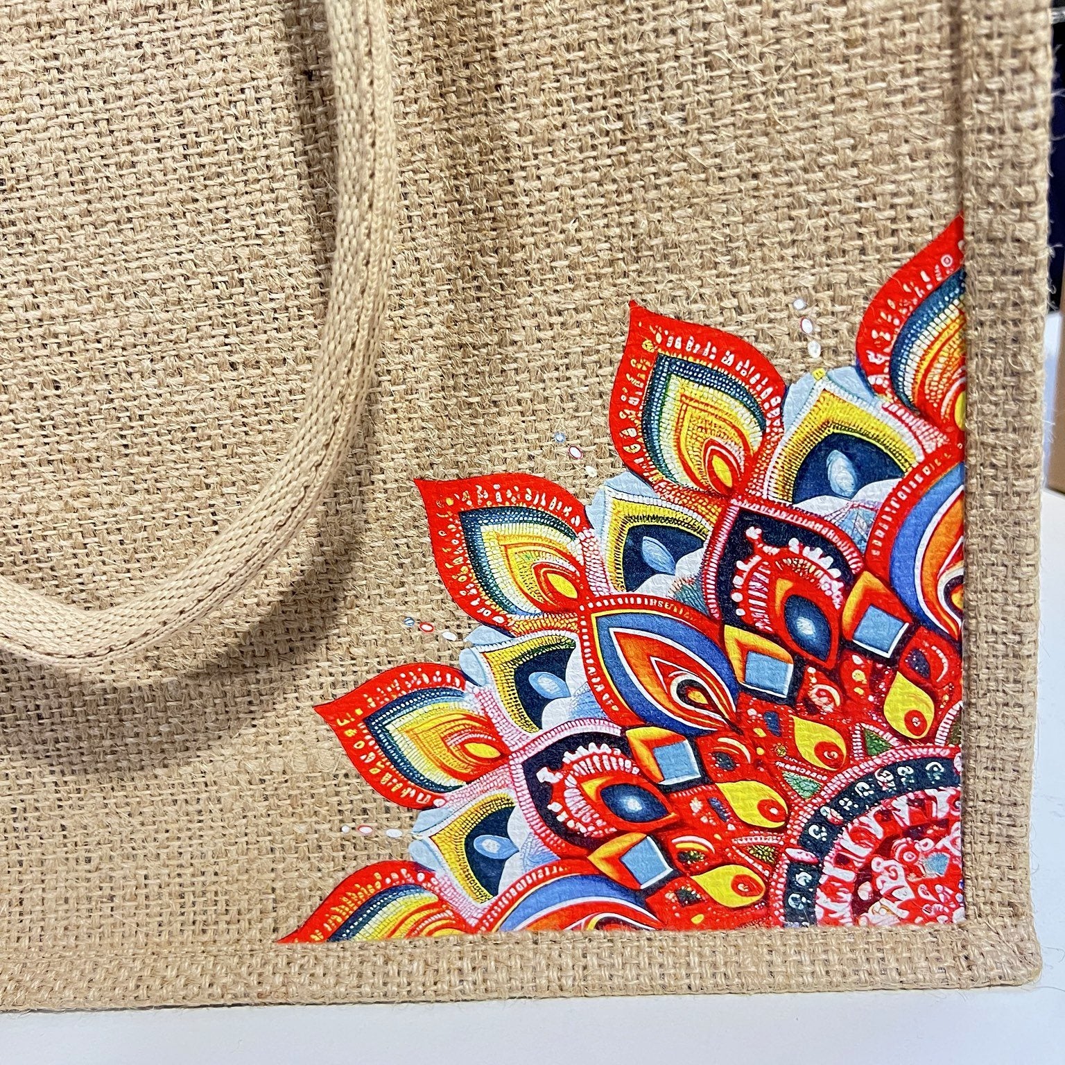 Natural Jute Tote Bag with Red Mandala Print